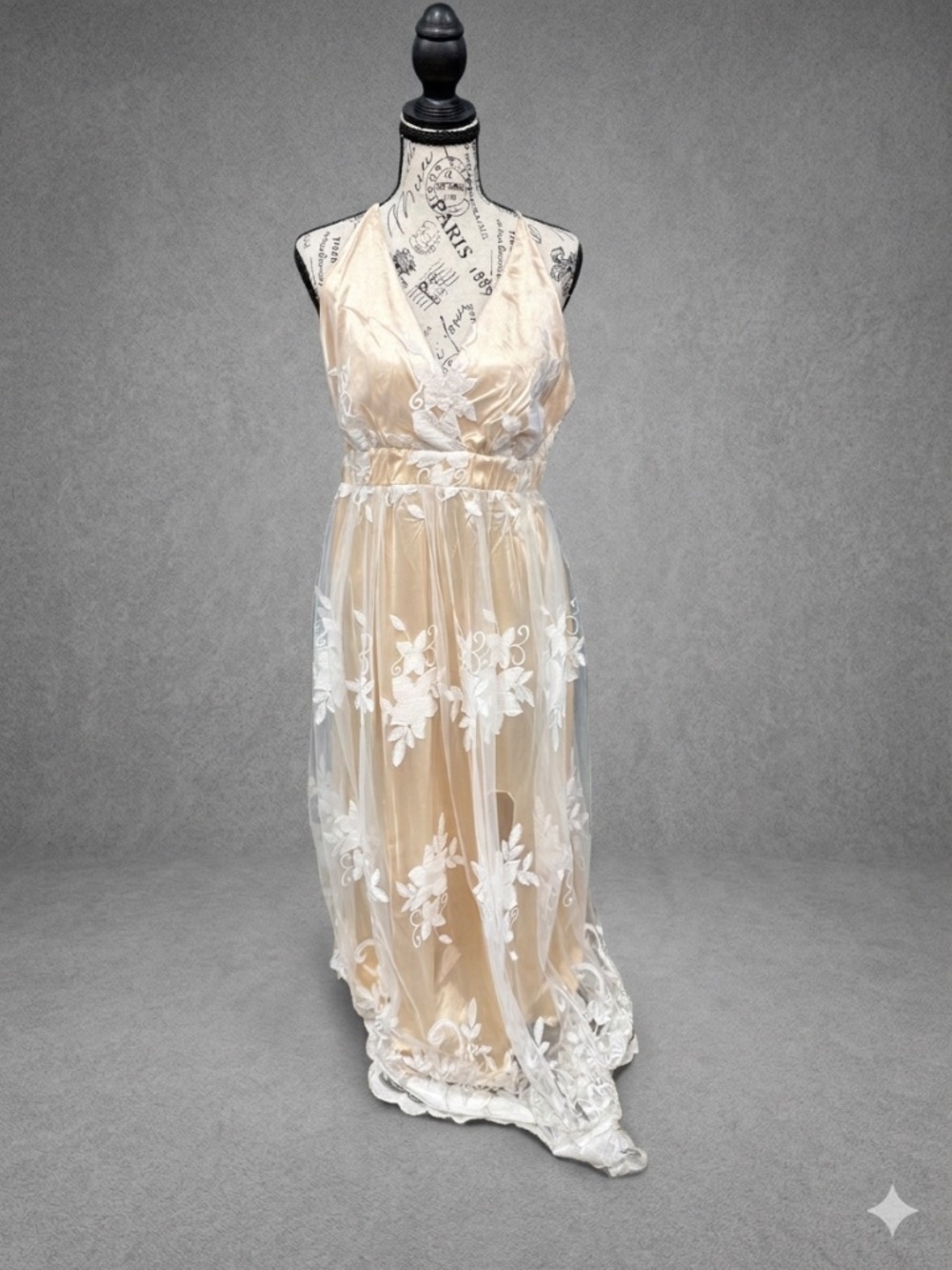 Ethereal Floral Embroidered Overlay Maxi Dress – Champagne/Gold – Size M